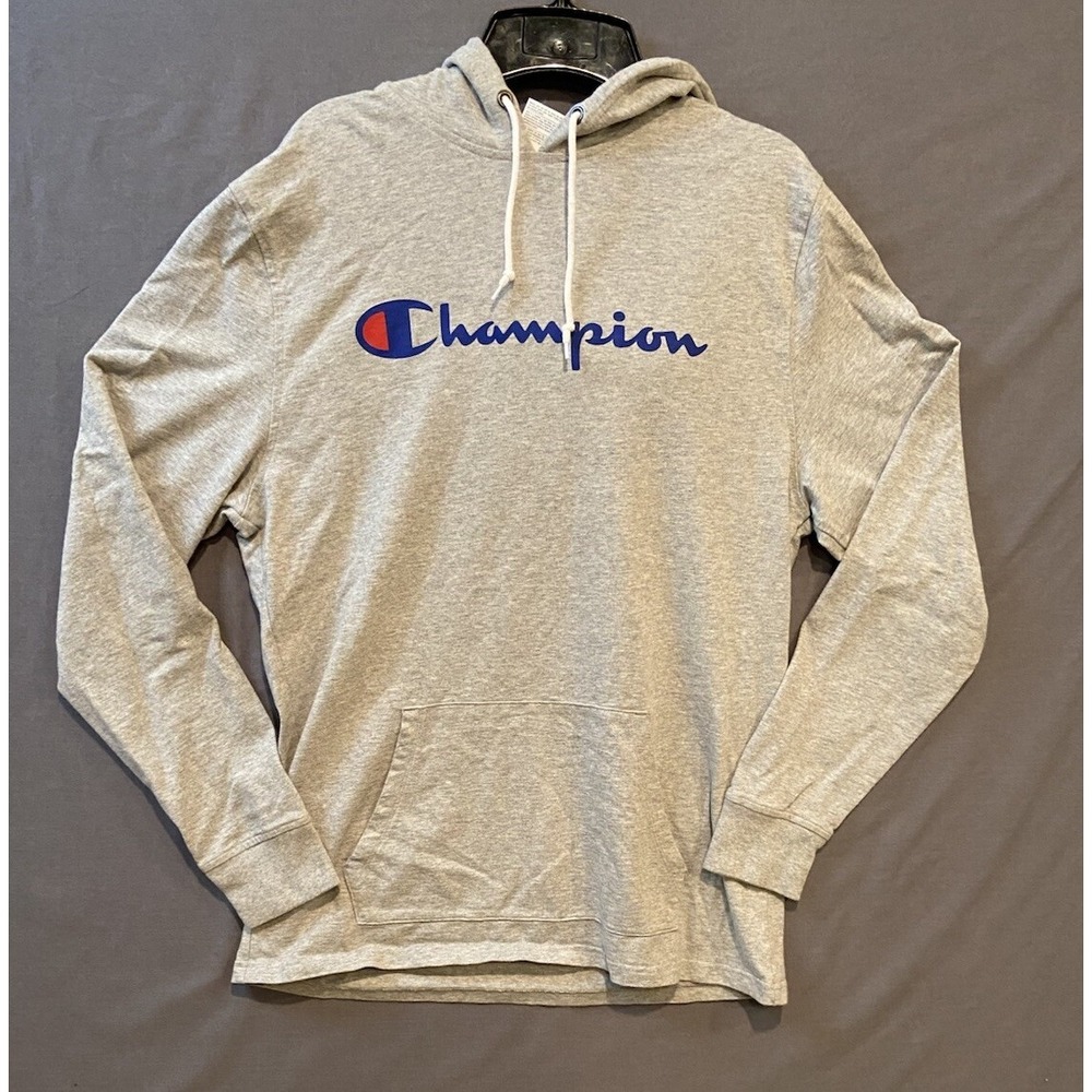 Champion Hoodie Mens L Gray Script Logo Long Sleeve Jersey T-Shirt T4177